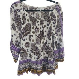 Fever Boho Paisley Tunic Top Medium Violet Gold Pom Pom Crochet Lace Blouse